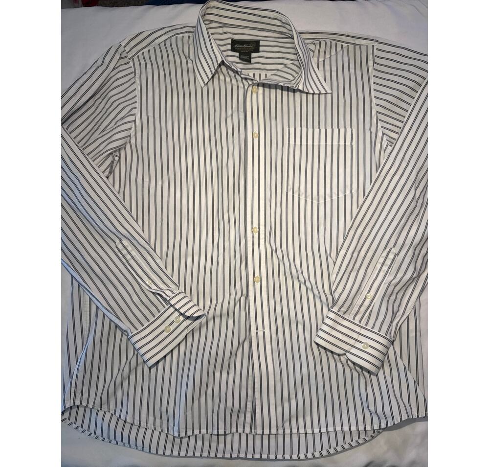 Eddie Bauer Men’s Large Button Down Shirt White Stripe 100% Cotton Long Sleeve